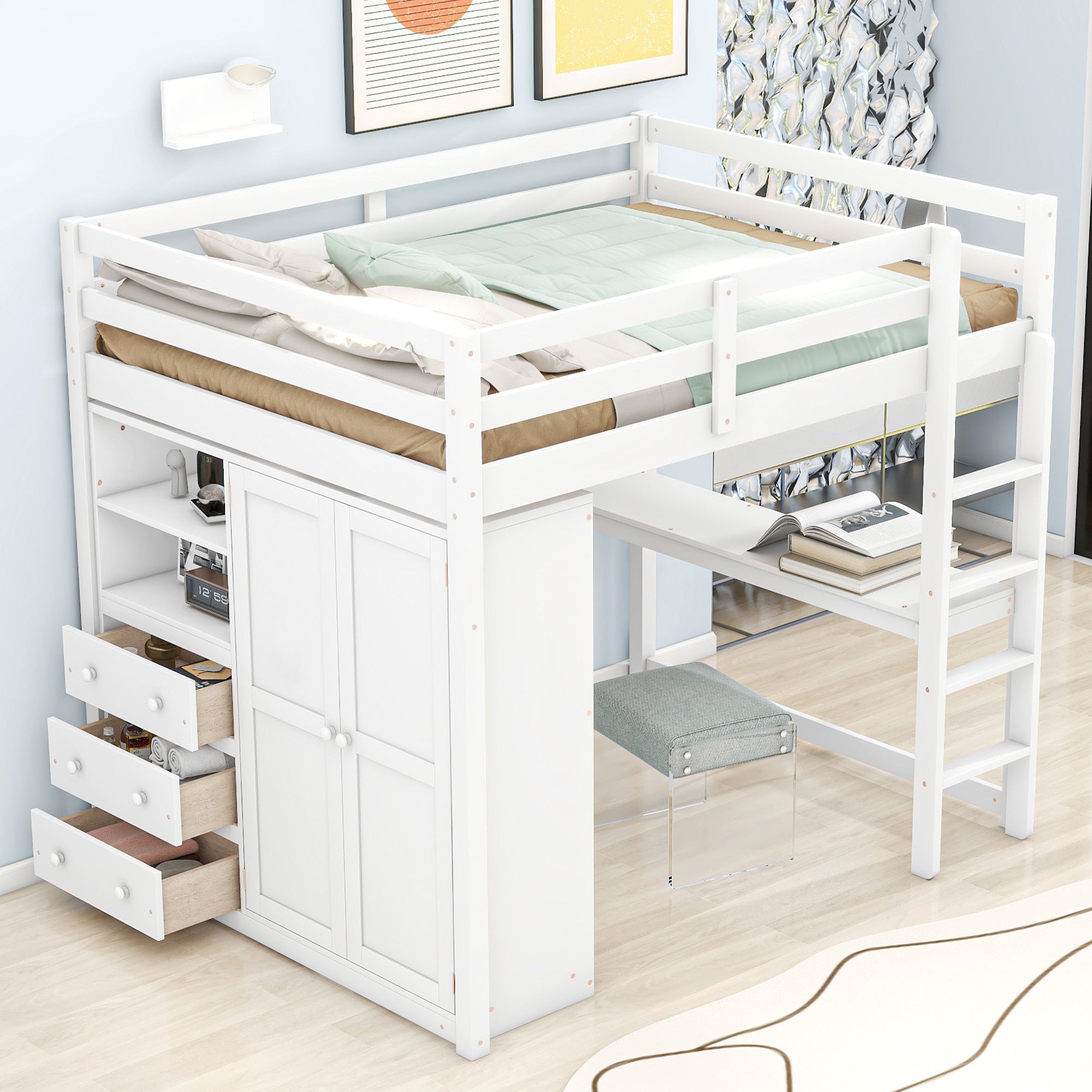 Wood Full Size Loft Bed with Built-in Wardrobe, Desk, Storage Shelves and Drawers, White - Atlantic Fine Furniture Melbourne FL