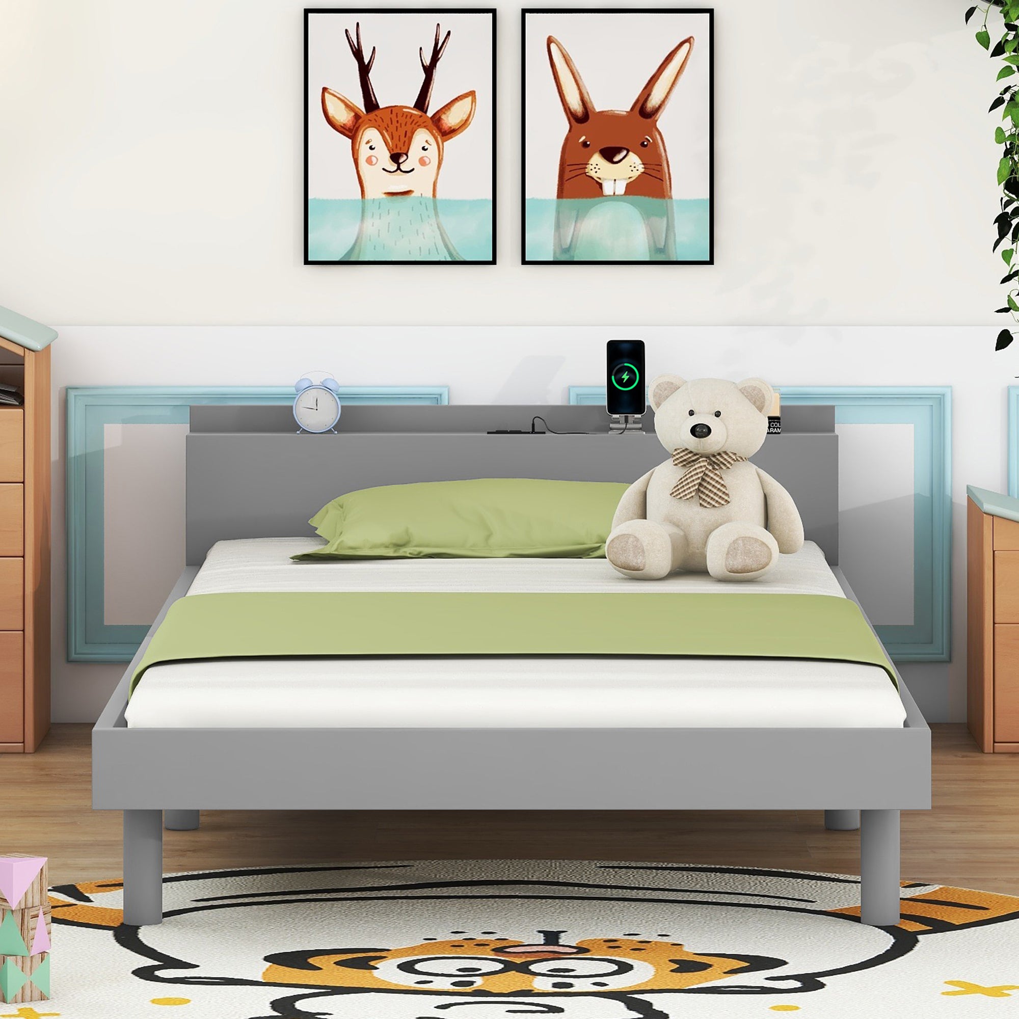 Modern Design Twin Size Platform Bed Frame with Built-in USB port for Grey Color - Atlantic Fine Furniture Melbourne FL