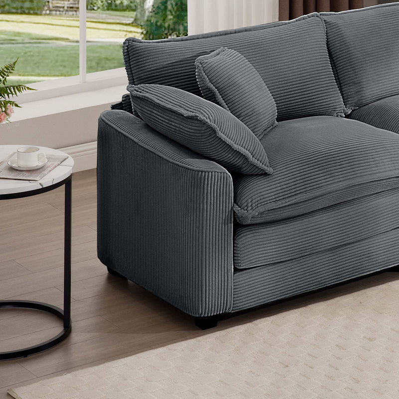 Modern Upholstered 4 Seater Corduroy Fabric Sofa With Arm And Throw Pillows