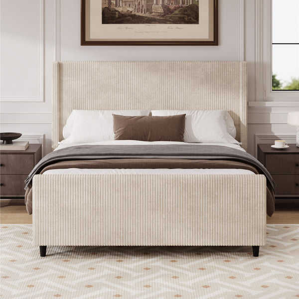 Corduroy Upholstered Bed Frame With Vertical Stripe Wingback And High Footboard No Box Spring Needed