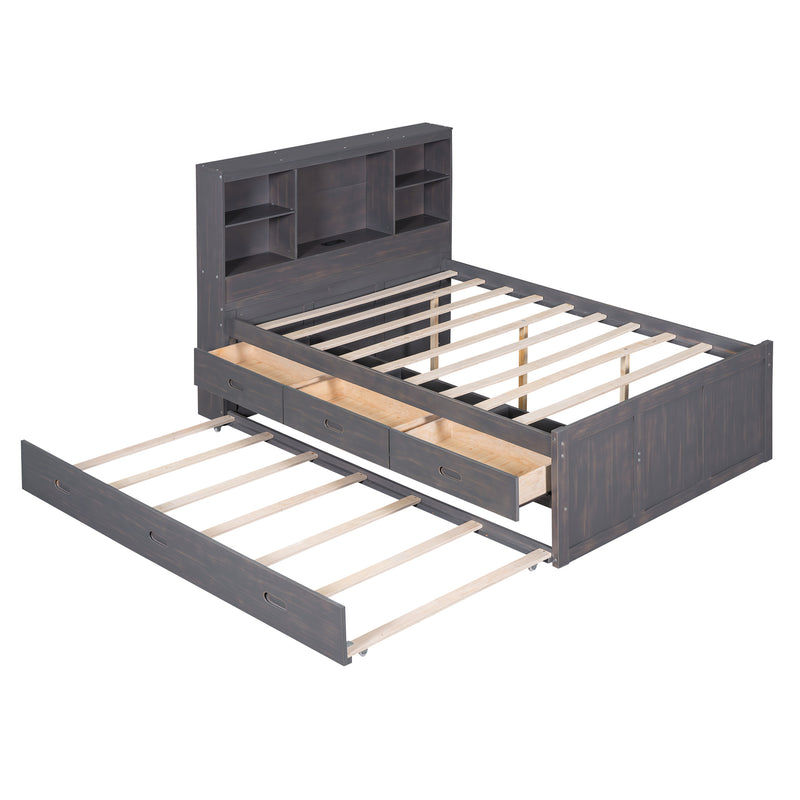 Full Size Platform Bed with Storage Headboard, Charging Station, Twin Size Trundle and 3 Drawers, Antique Brown