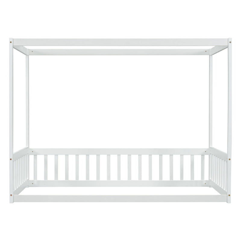 Canopy Frame Floor Bed With Fence, Guardrails