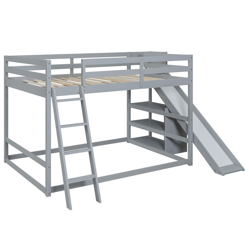Full over Full Bunk Bed with Ladder, Slide and Shelves, Gray