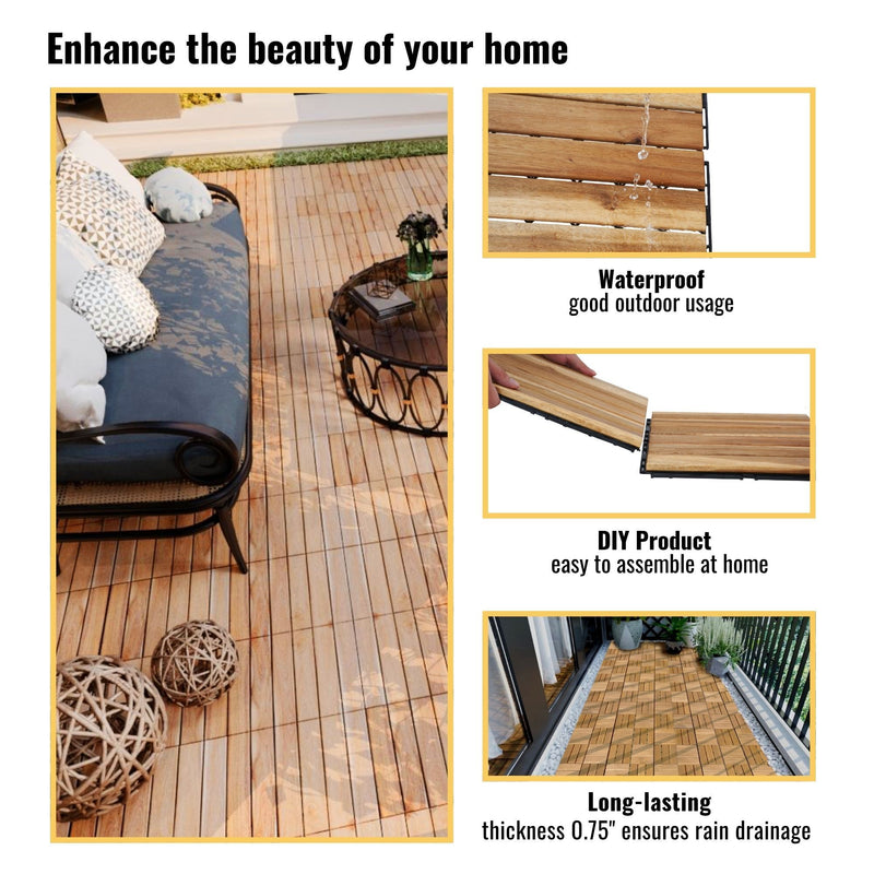 Interlocking Deck Tiles Striped Pattern, Waterproof Anti Mildew Brown
