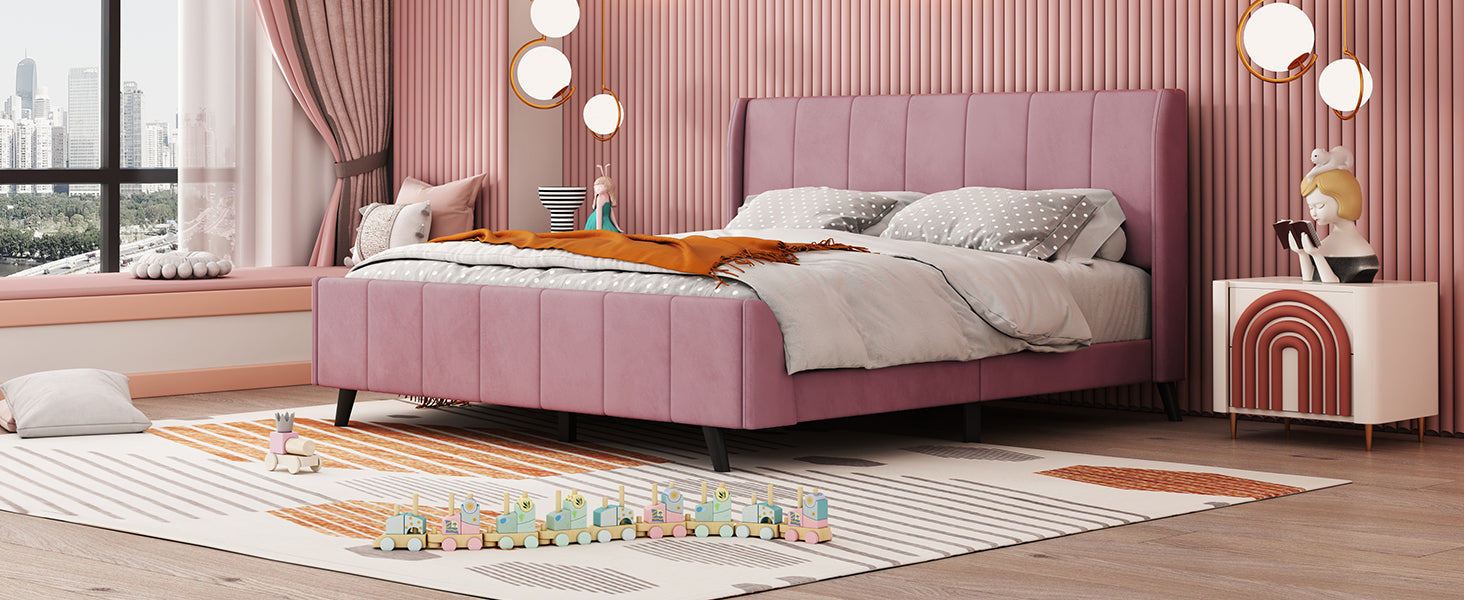 Queen Size Upholstered Platform Bed, Velvet, Pink - Atlantic Fine Furniture Melbourne FL