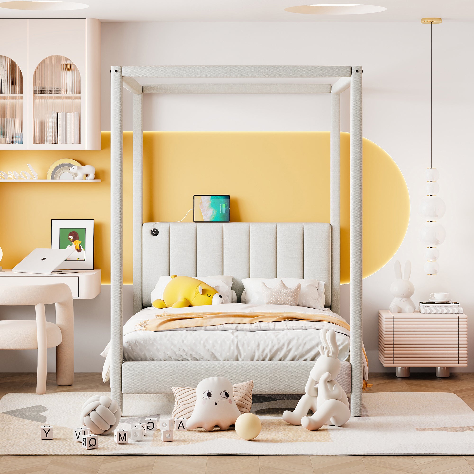 Queen Size Canopy Platform Bed with USB and Type-C Ports, Canvas, Beige - Atlantic Fine Furniture Melbourne FL