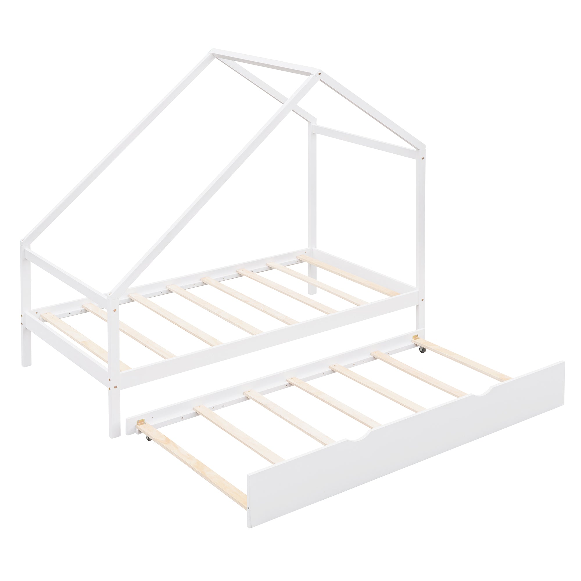 Twin Size Wooden House Bed With Twin Size Trundle, White - Atlantic Fine Furniture Melbourne FL