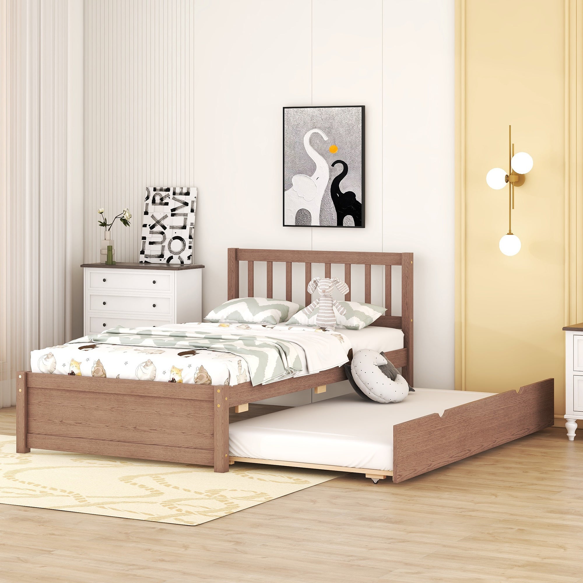 Modern Design Wooden Twin Size Platform Bed Frame with Trundle for Walnut Color - Atlantic Fine Furniture Melbourne FL