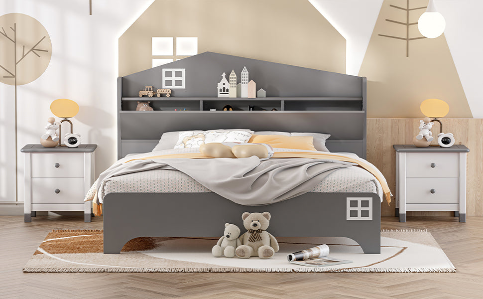 Wooden Full Size House Bed with Storage Headboard ,Kids Bed with Storage Shelf,Grey - Atlantic Fine Furniture Melbourne FL