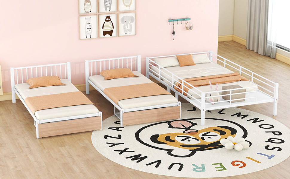 Full Over Twin & Twin Triple Bunk Bed with Drawers, Multi-functional Metal Frame Bed with desks and shelves in the middle, White - Atlantic Fine Furniture Melbourne FL