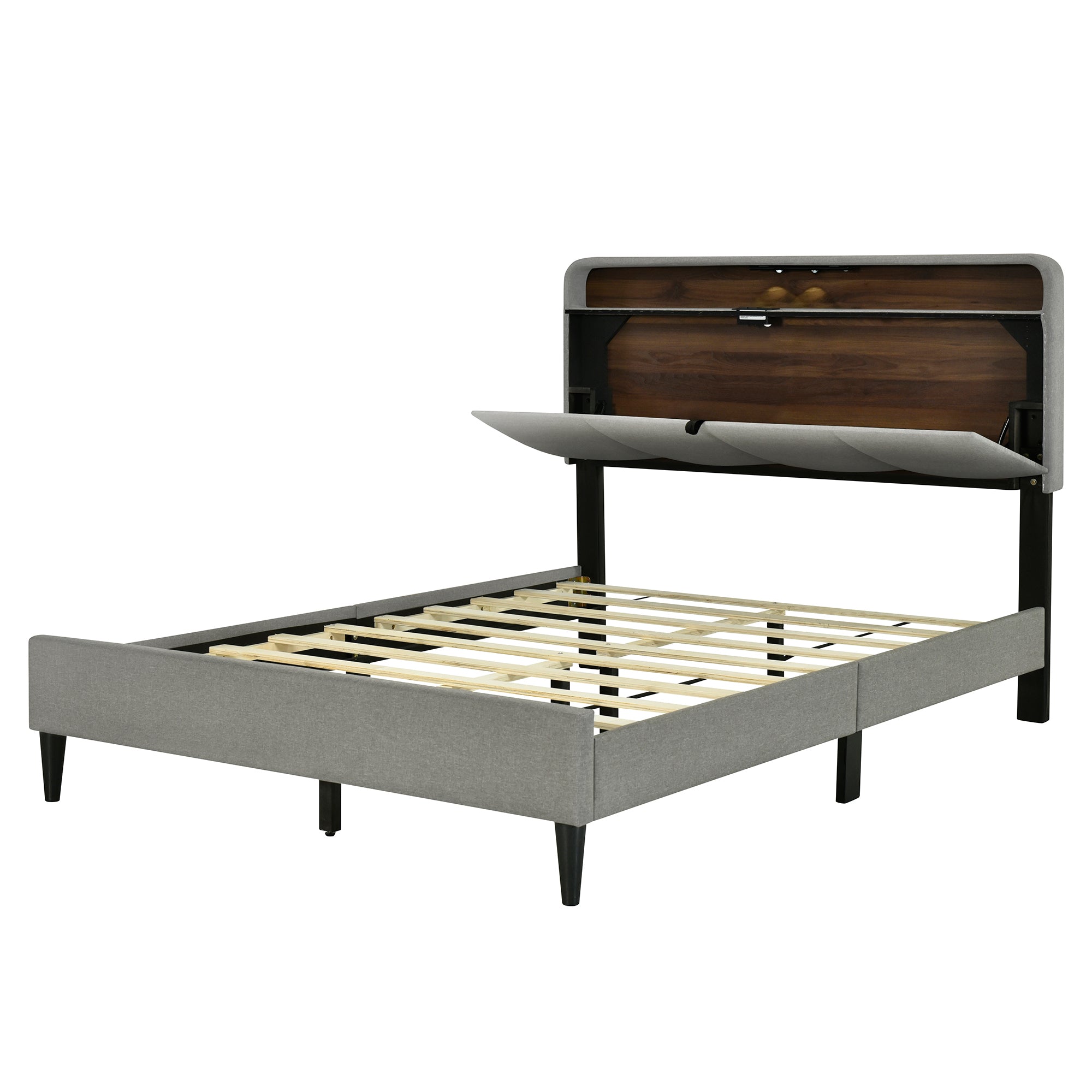 Full size Upholstered Platform Bed with Storage Headboard, Sensor Light and a set of Sockets and USB Ports, Linen Fabric, Gray - Atlantic Fine Furniture Melbourne FL
