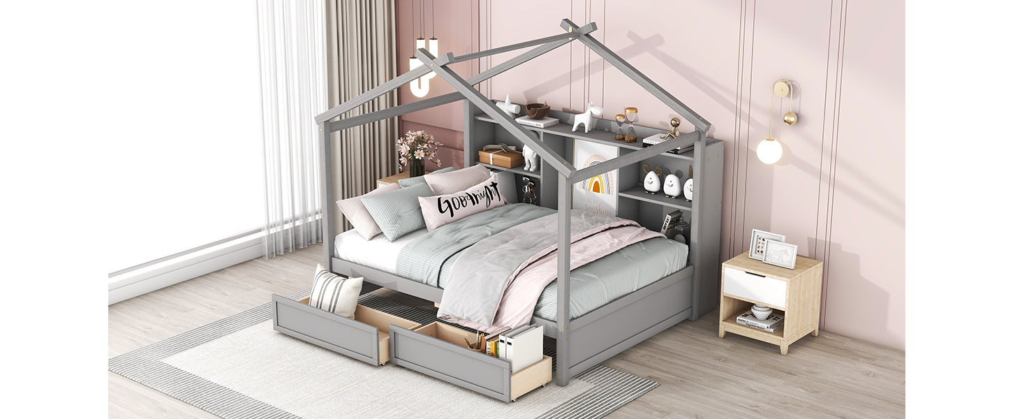 Full Size House Bed with Storage Shelves and 2 Drawers, Brushed Gray - Atlantic Fine Furniture Melbourne FL