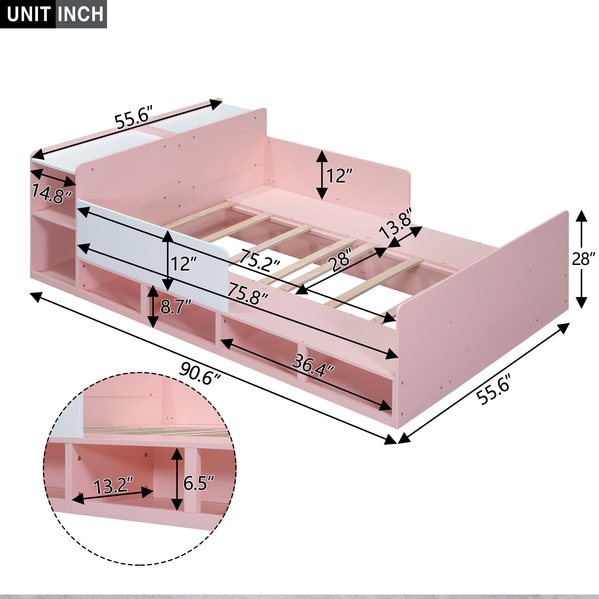 Wood Full Size Platform Bed with Storage Headboard, Guardrails and 4 Underneath Cabinets, Pink - Atlantic Fine Furniture Melbourne FL