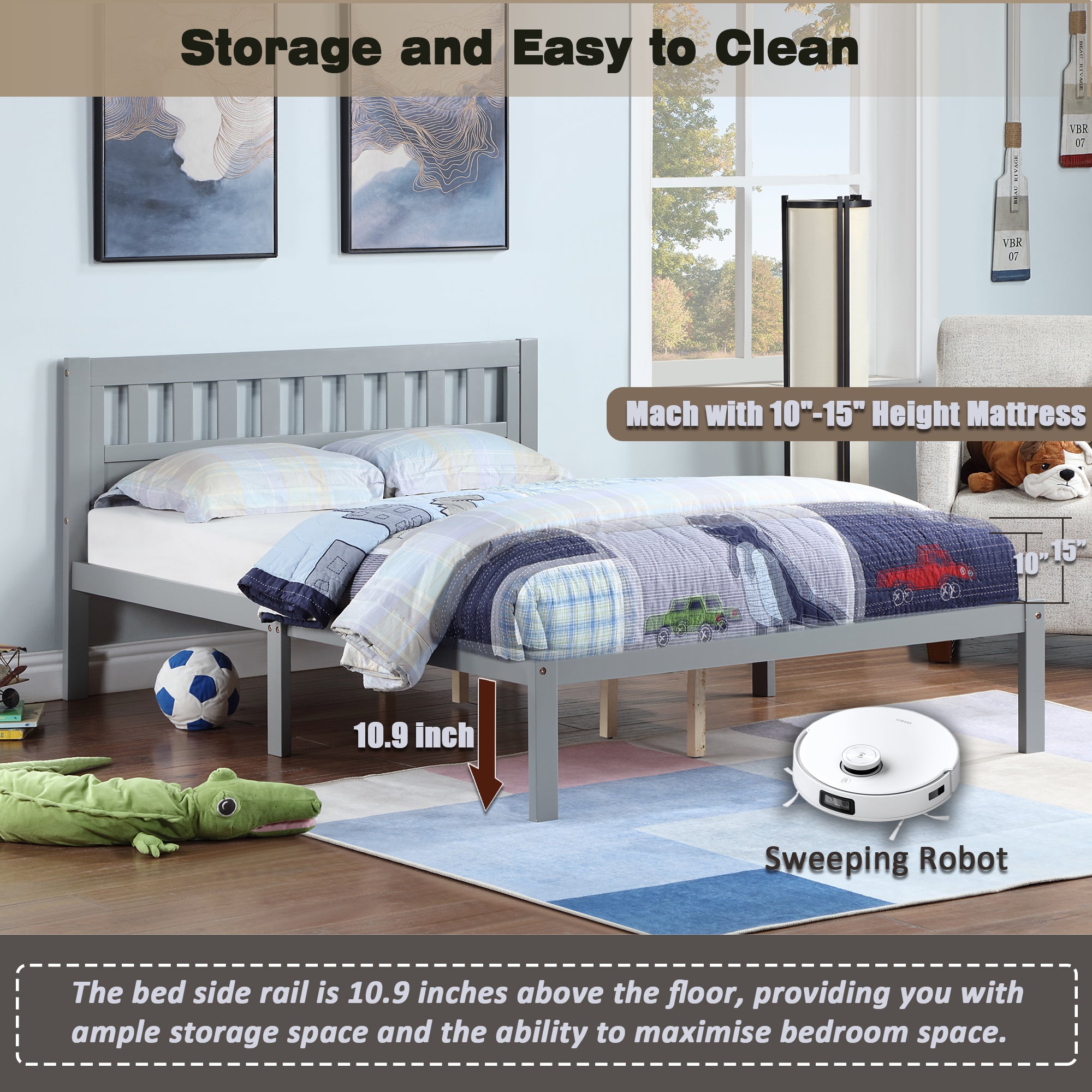 Full Size Bed, Wood Platform Bed Frame with Headboard For Kids, Slatted, Gray - Atlantic Fine Furniture Melbourne FL