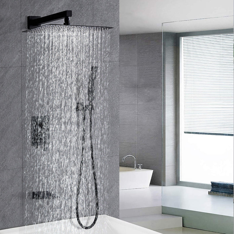 All Metal Tub Shower Faucet Set With 12" Rain Shower Head And Handheld Spray Combo, Wall Mounted - Matte Black