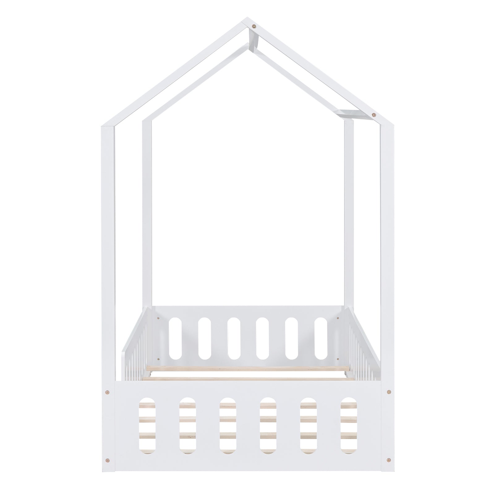 Twin Size Wood House Bed with Fence and Detachable Storage Shelves, White
