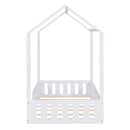 Twin Size Wood House Bed with Fence and Detachable Storage Shelves, White