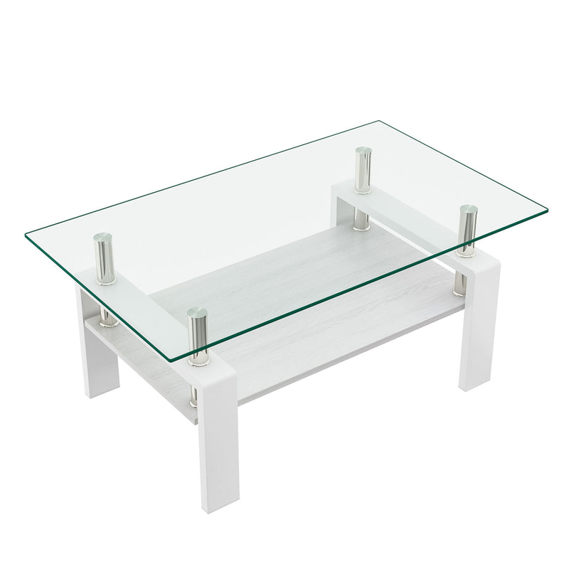 Modern Rectangular Coffee Table With Tempered Transparent Glass Top And Storage Shelf
