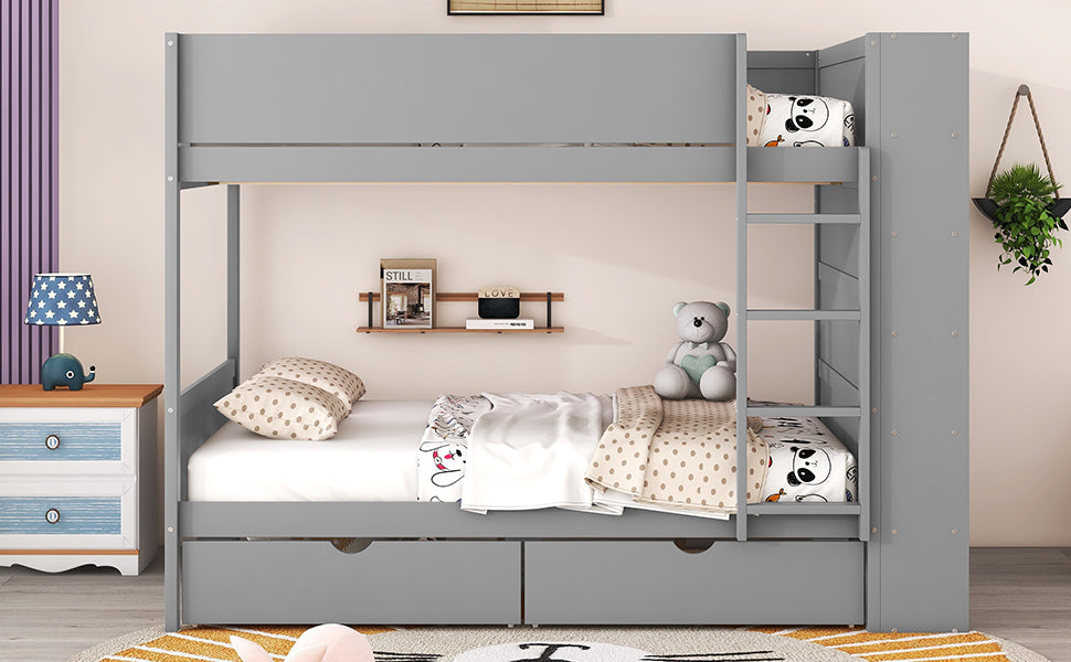 Full over Full Bunk Bed With 2 Drawers and Multi-layer Cabinet, Gray - Atlantic Fine Furniture Melbourne FL