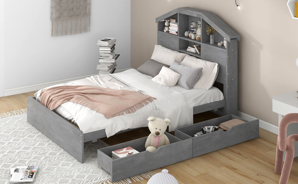 Full Size Wood Platform Bed with House-shaped Storage Headboard and 2 Drawers, Gray - Atlantic Fine Furniture Melbourne FL