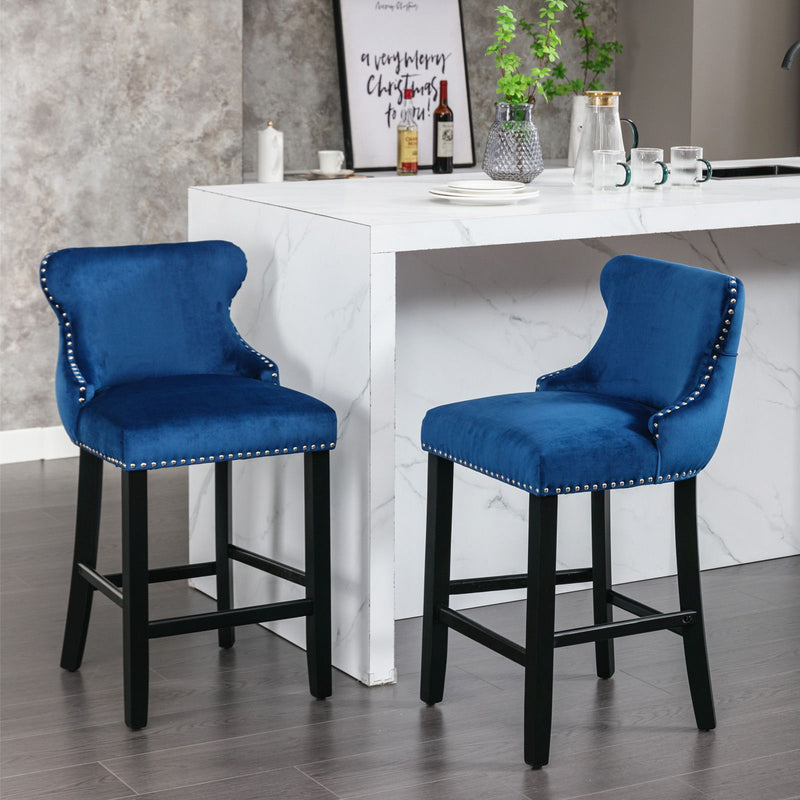 Contemporary Velvet Upholstered Wing-Back Barstools With Button Tufted Decoration And Wooden Legs, And Chrome Nailhead Trim, Leisure Style Bar Chairs, Bar Stools (Set of 2)