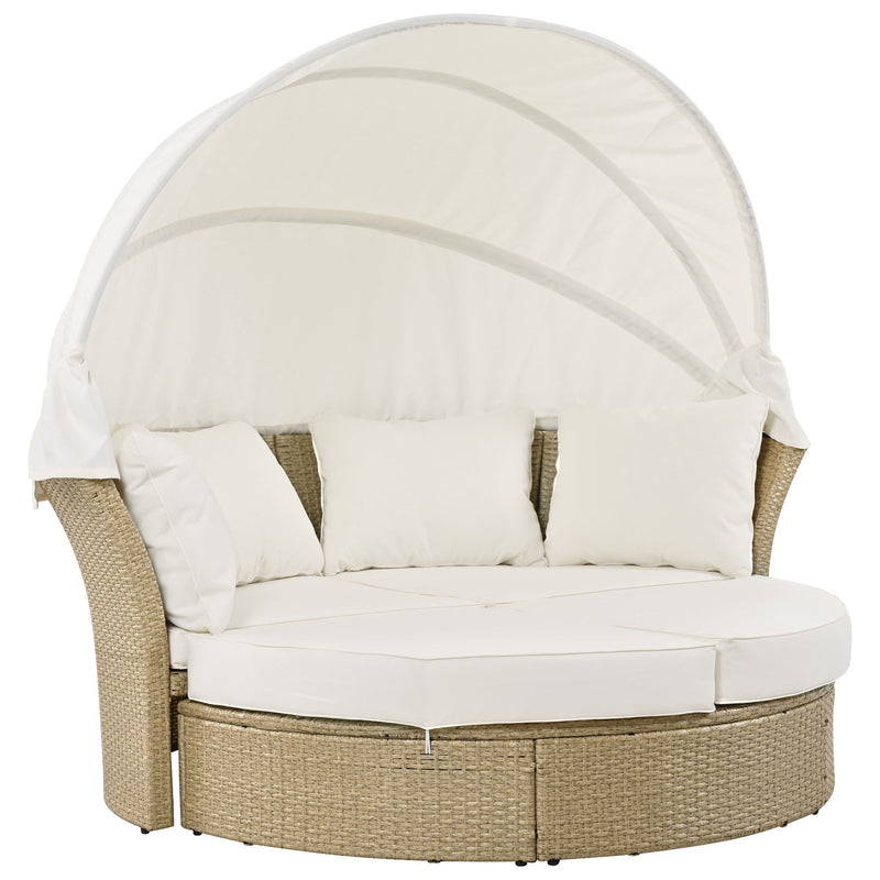 Outdoor Patio Daybed Wicker Rattan Double Daybed Round Sofa Furniture Set With Retractable Canopy, 4 Pillows For Lawn Garden