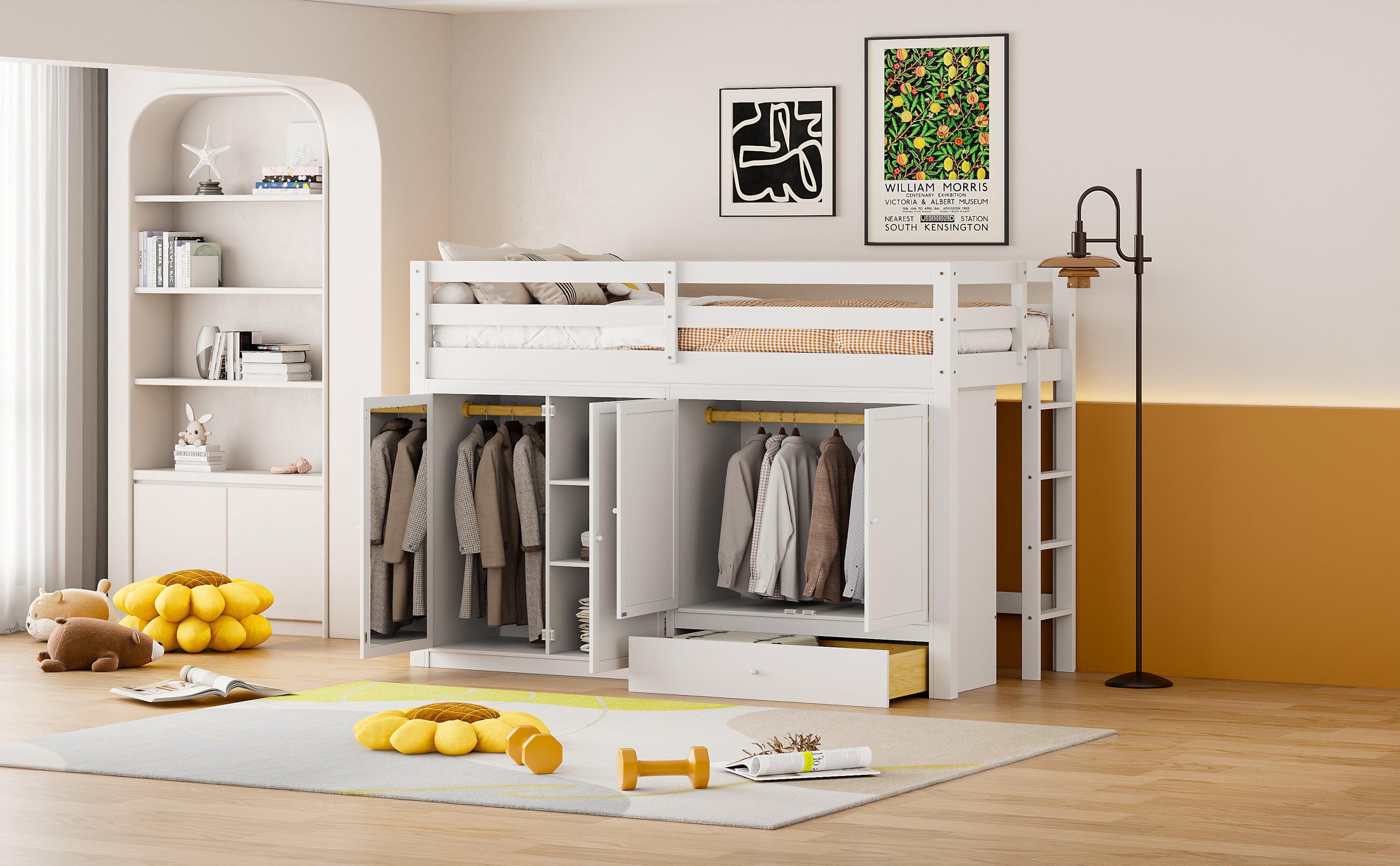 Twin size Loft Bed with Drawer, Two Wardrobes and Mirror, White - Atlantic Fine Furniture Melbourne FL