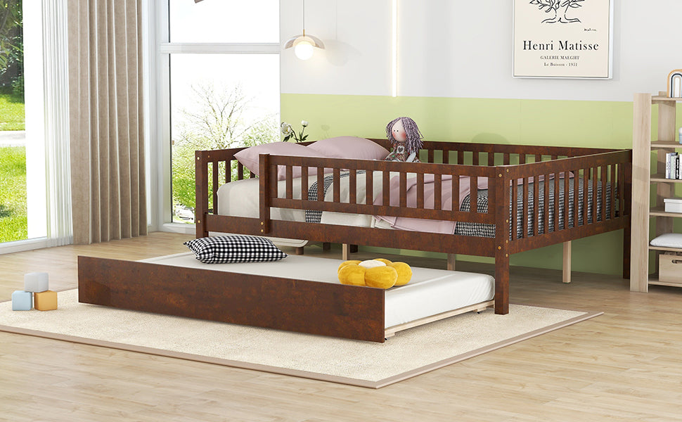 Full Size Wood Daybed with Trundle and Fence Guardrails, Walnut - Atlantic Fine Furniture Melbourne FL