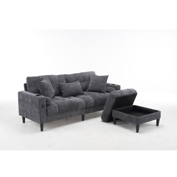 3 Seat L-Shaped Chenille Sofa With Removable And Storage Ottoman, Side Storage, And USB / C - Type Charging Ports Sofa For Living Room