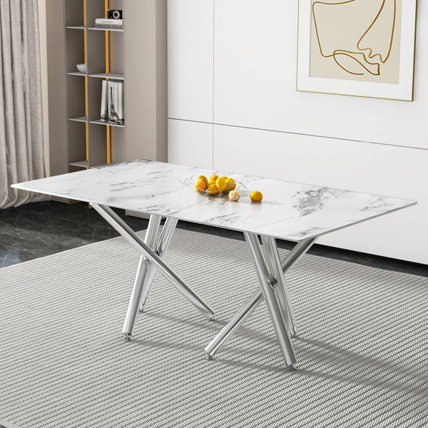 Large Modern Simple Rectangular Glass Dining Table for 6-8 People with 0.39-inch white imitation marble desktop and Silver Metal Legs for Kitchen Dining Living Room Meeting Room Banquet Hall 1538