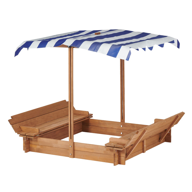 Kids Sandbox With Adjustable Cover, Sand Box With 2 Foldable Bench Seats, Outdoor Sandpit For Backyard Play - Light Brown