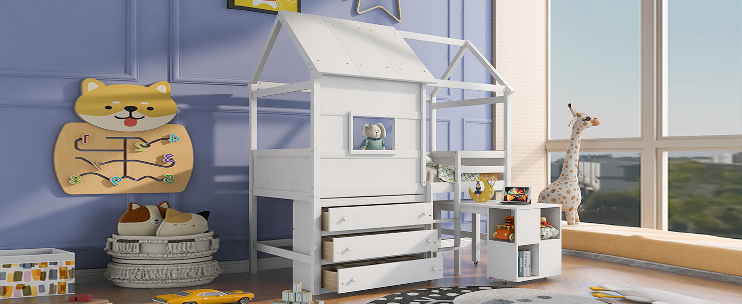 Twin Size House Loft Bed with Storage Desk and 3 Drawer Chest, White - Atlantic Fine Furniture Melbourne FL
