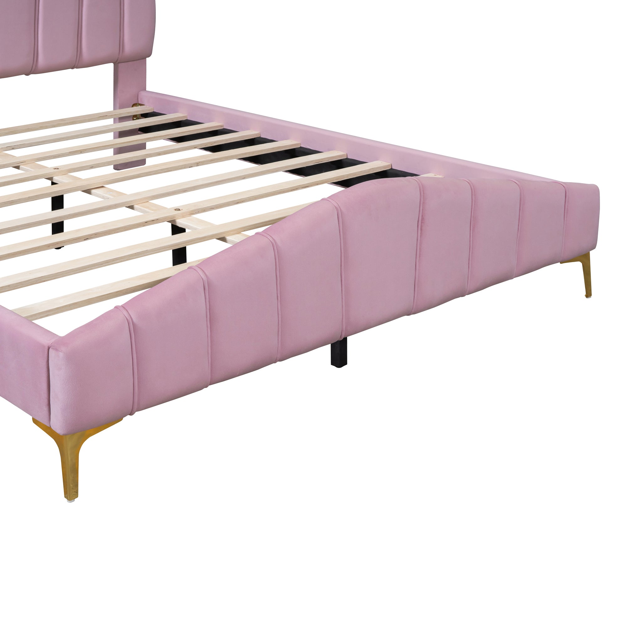Queen Size Velvet Platform Bed with Thick Fabric, Stylish Stripe Decorated Bedboard and Elegant Metal Bed Leg, Pink - Atlantic Fine Furniture Melbourne FL