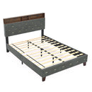 Full Size Bed Frame, Shelf Upholstered Headboard, Platform Bed with Outlet & USB Ports, Wood Legs, No Box Spring Needed, Easy Assembly, Grey