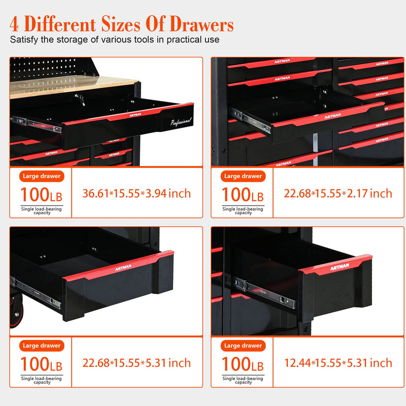 Heavy Duty Tool Cart With 19 Drawers, Tools Not Included, Mobile Storage For Workshop Or Laboratory - Black / Red