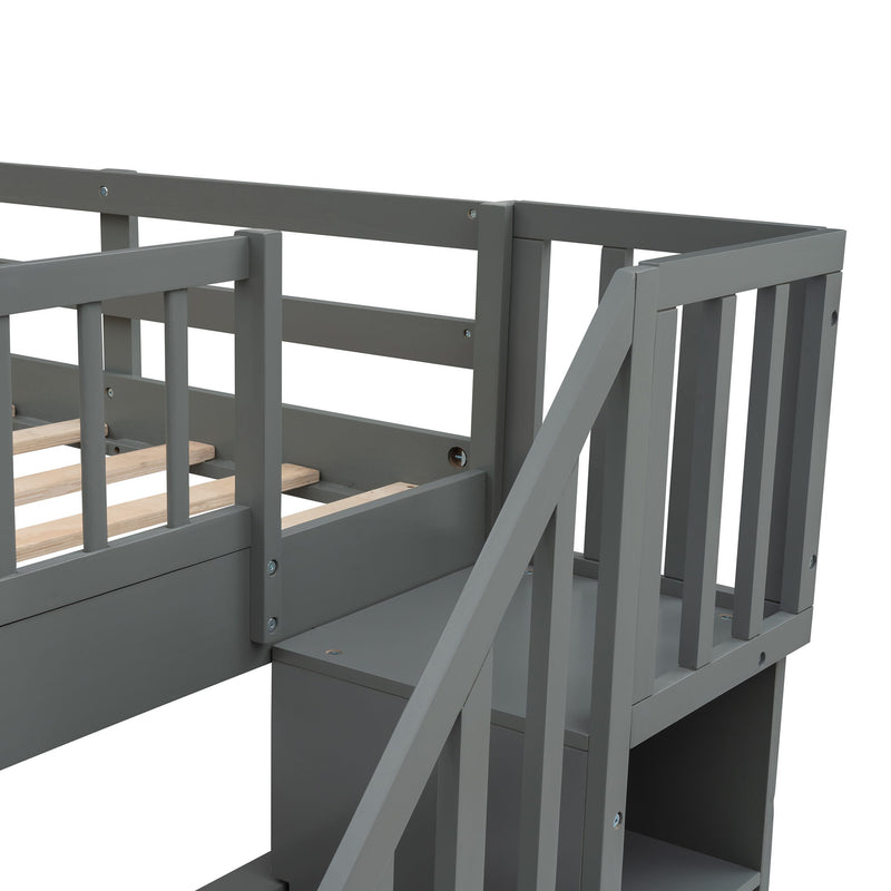 Stairway Bunk Bed With Storage And Guard Rail For Bedroom