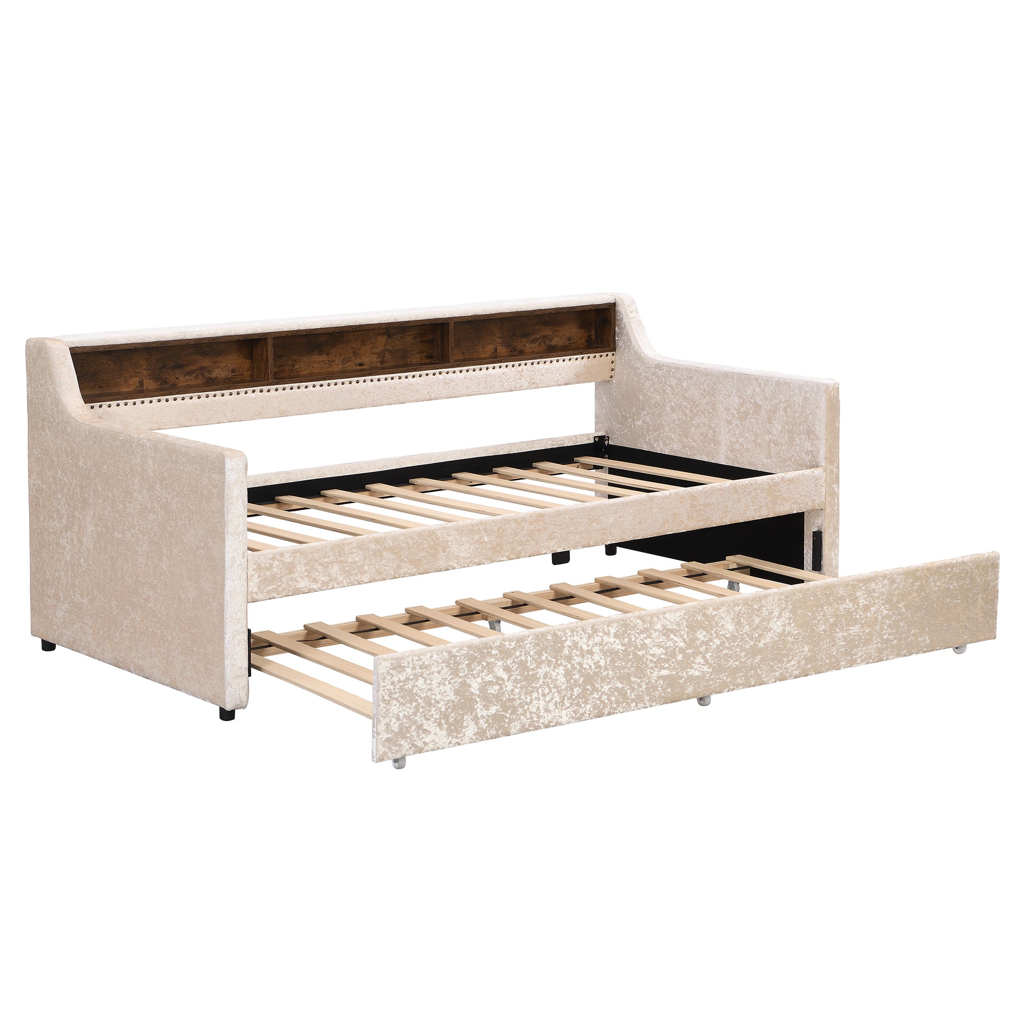 Twin Size Snowflake Velvet Daybed with Trundle and Built-in Storage Shelves,Beige - Atlantic Fine Furniture Melbourne FL