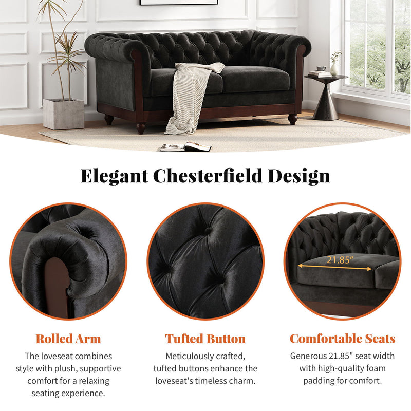 Chesterfield Velvet Loveseat Sofa, 2 Person Rolled Arm Upholstered Couch