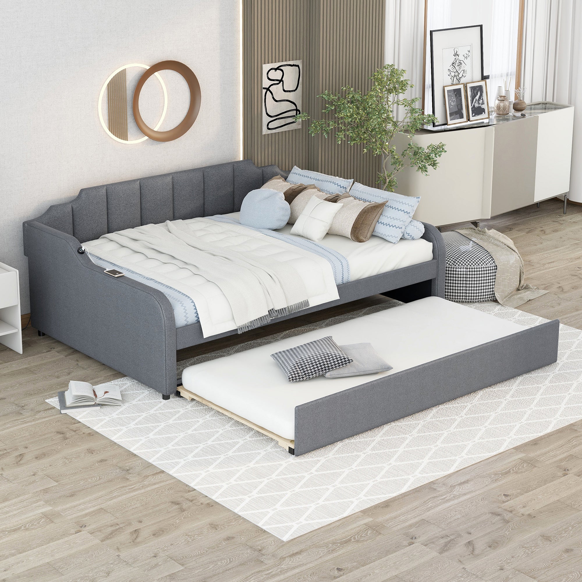 Full Size Upholstery Daybed with Trundle and USB Charging Design,Trundle can be flat or erected,Gray