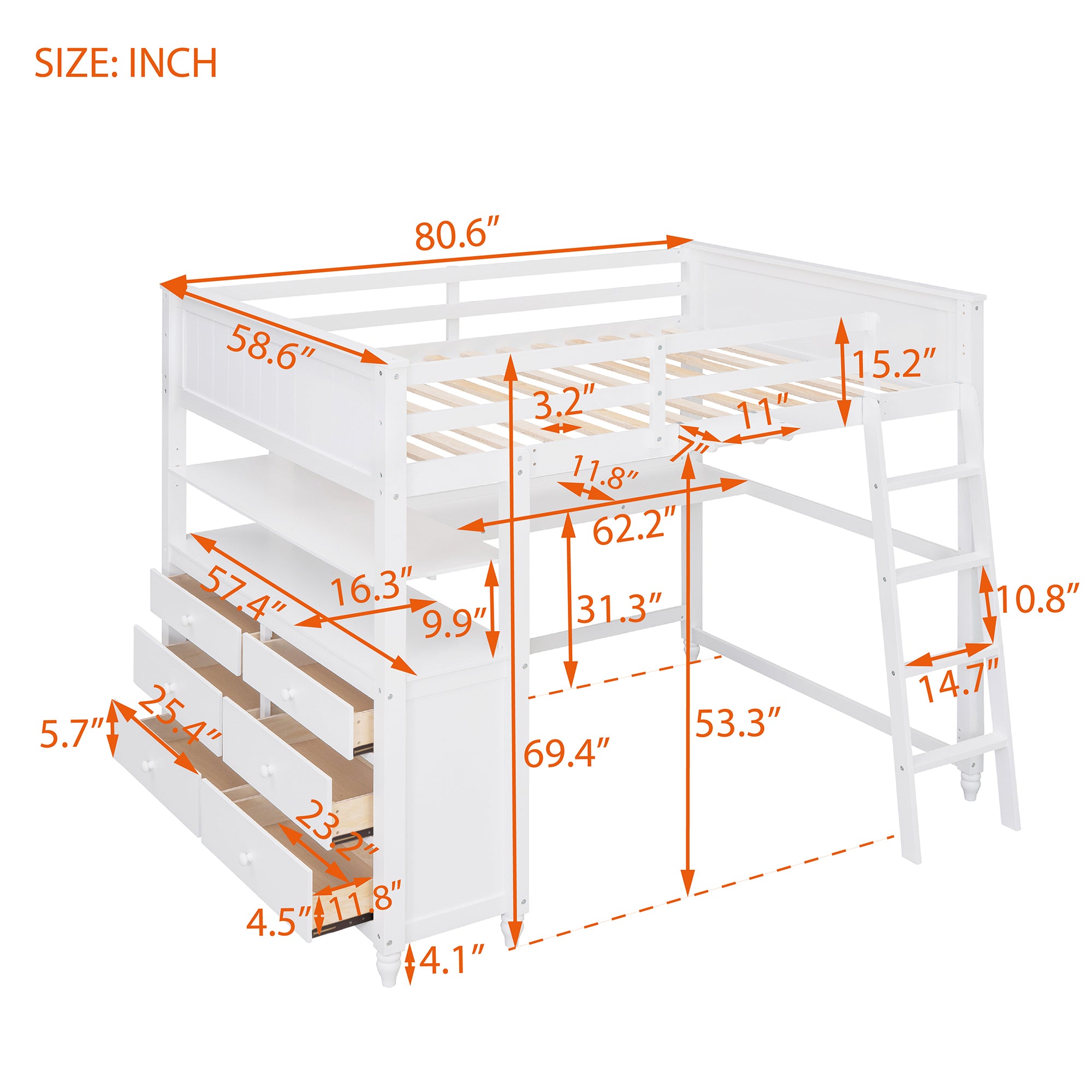 Full size Loft Bed with Drawers and Desk, Wooden Loft Bed with Shelves - White(OLD SKU:LT001529AAK) - Atlantic Fine Furniture Melbourne FL