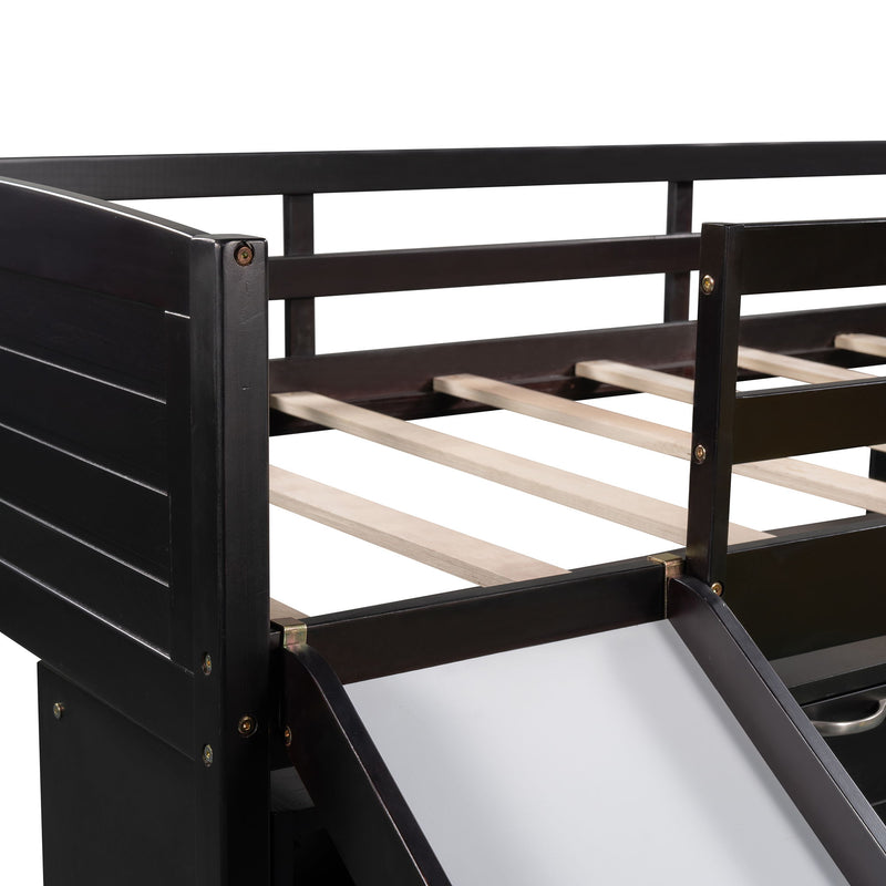 Loft Low Bed With Cabinets, Shelves And Slide