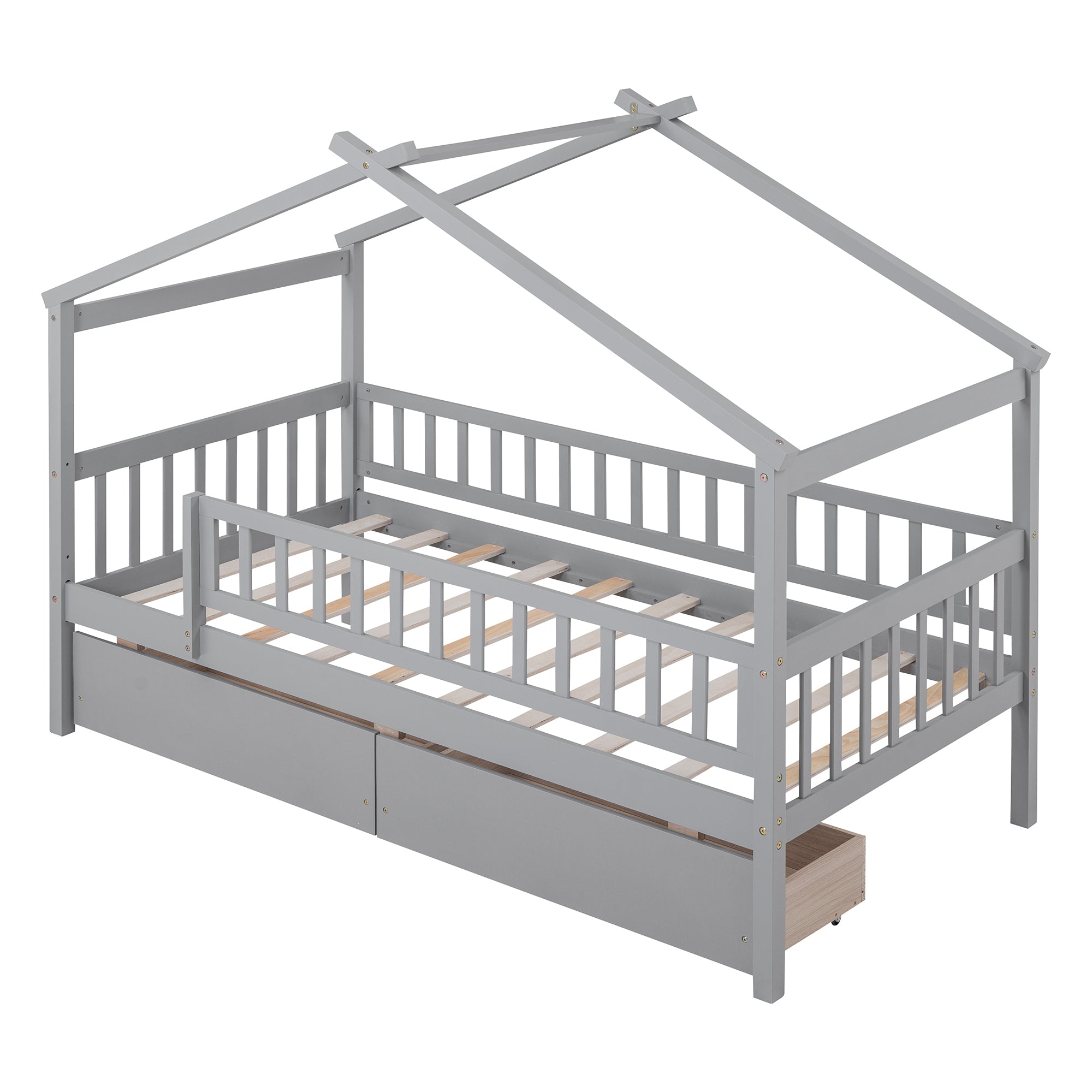Twin Size Wooden House Bed with Two Drawers, Gray - Atlantic Fine Furniture Melbourne FL