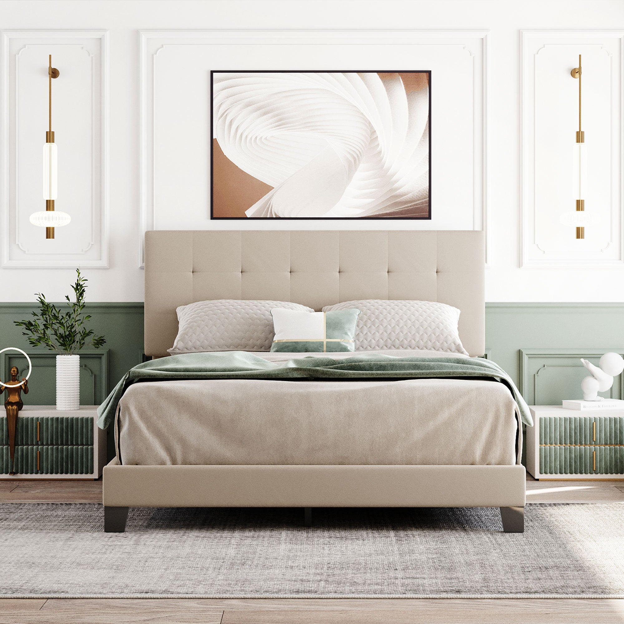 Upholstered Platform Bed with Tufted Headboard, Box Spring Needed, Beige Linen Fabric, Queen Size - Atlantic Fine Furniture Melbourne FL