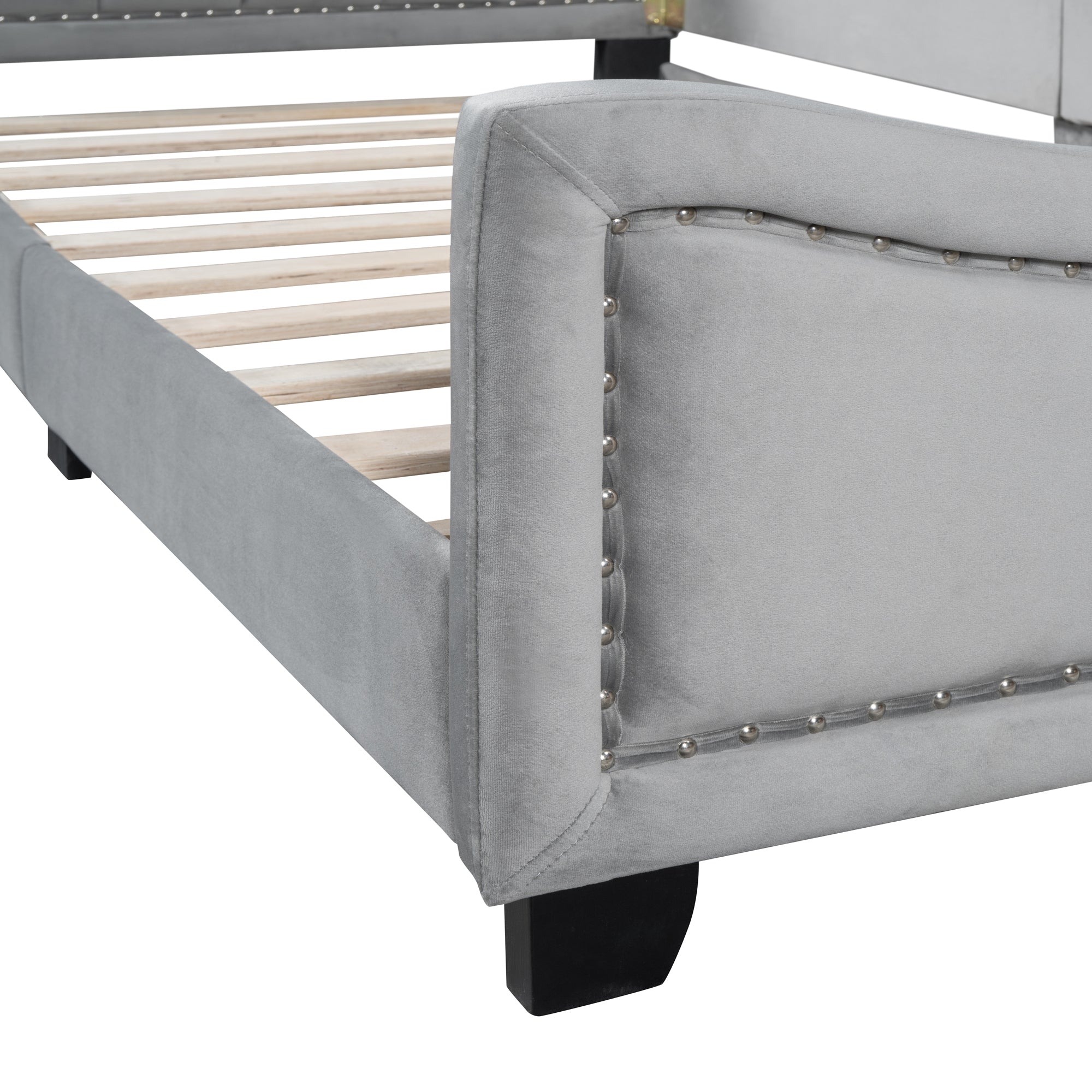 Twin Size Upholstered Daybed with Cloud Shaped Headboard, Embedded Elegant Copper Nail Design, Gray - Atlantic Fine Furniture Melbourne FL