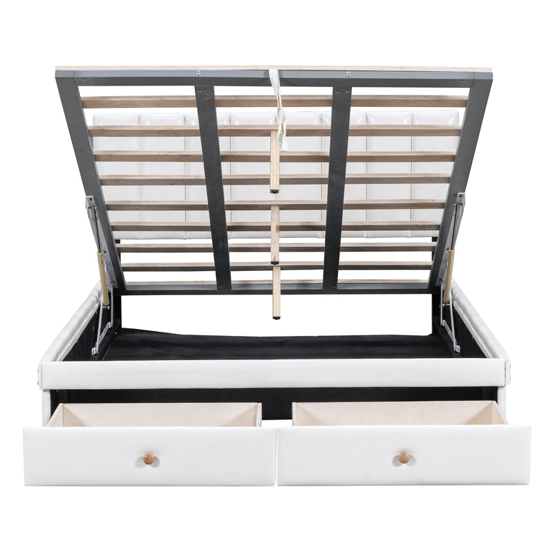 Full Size Upholstered Bed with Hydraulic Storage System and Drawer, White