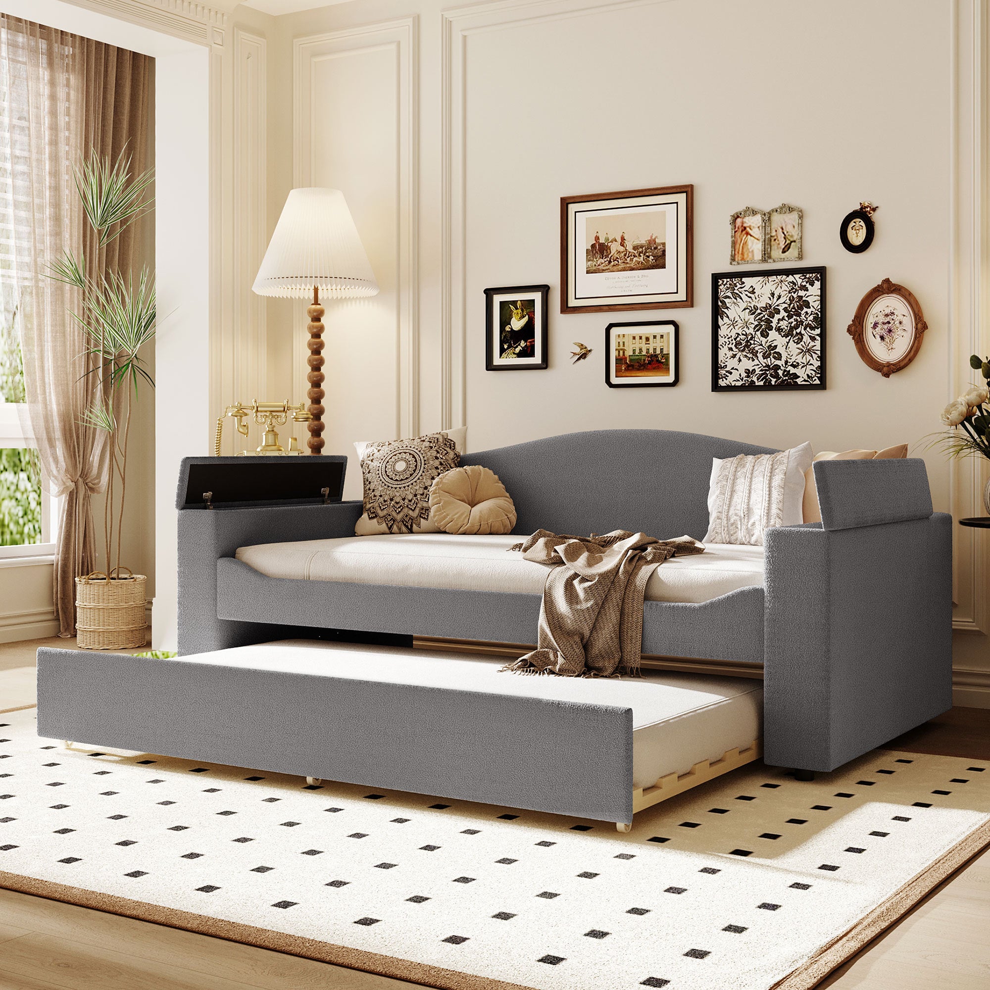 Twin Size Upholstered Daybed with Storage Armrests, Trundle and Latest Integrated Bluetooth Audio System, Teddy Fleece, Gray - Atlantic Fine Furniture Melbourne FL