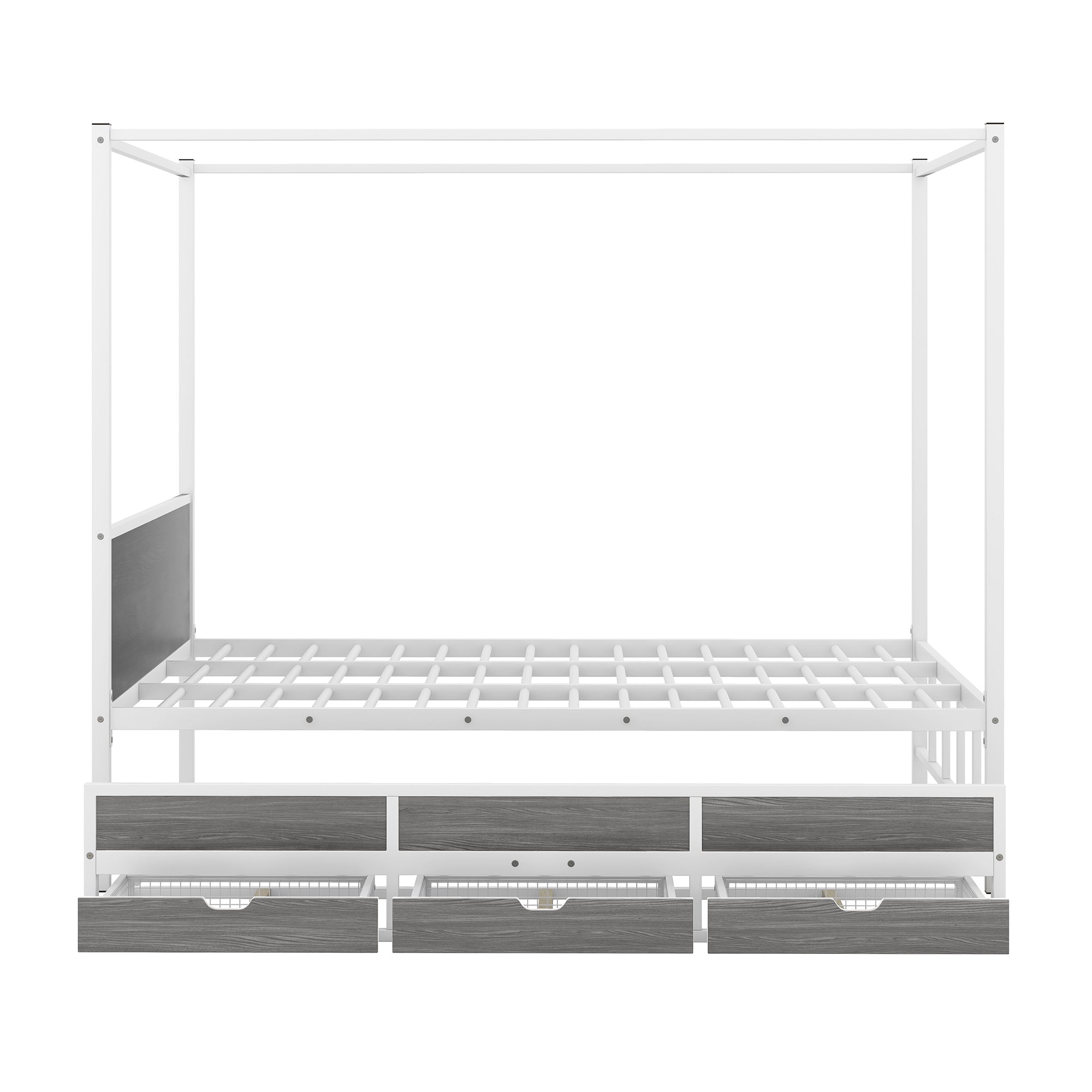 Queen Size Metal Canopy Platform Bed with Twin Size Trundle and 3 Storage Drawers, White - Atlantic Fine Furniture Melbourne FL