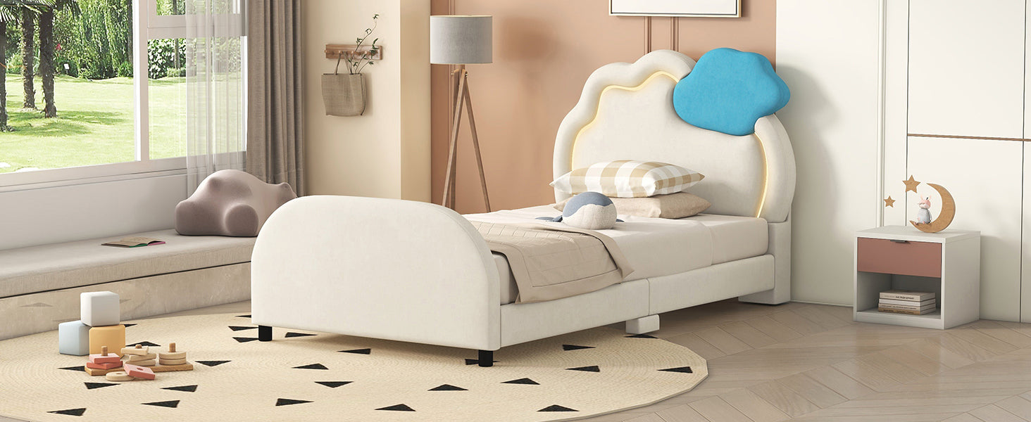 Twin Size Upholstered Platform Bed with Cloud-Shaped Headboard and Embedded Light Stripe, Velvet, Beige - Atlantic Fine Furniture Melbourne FL