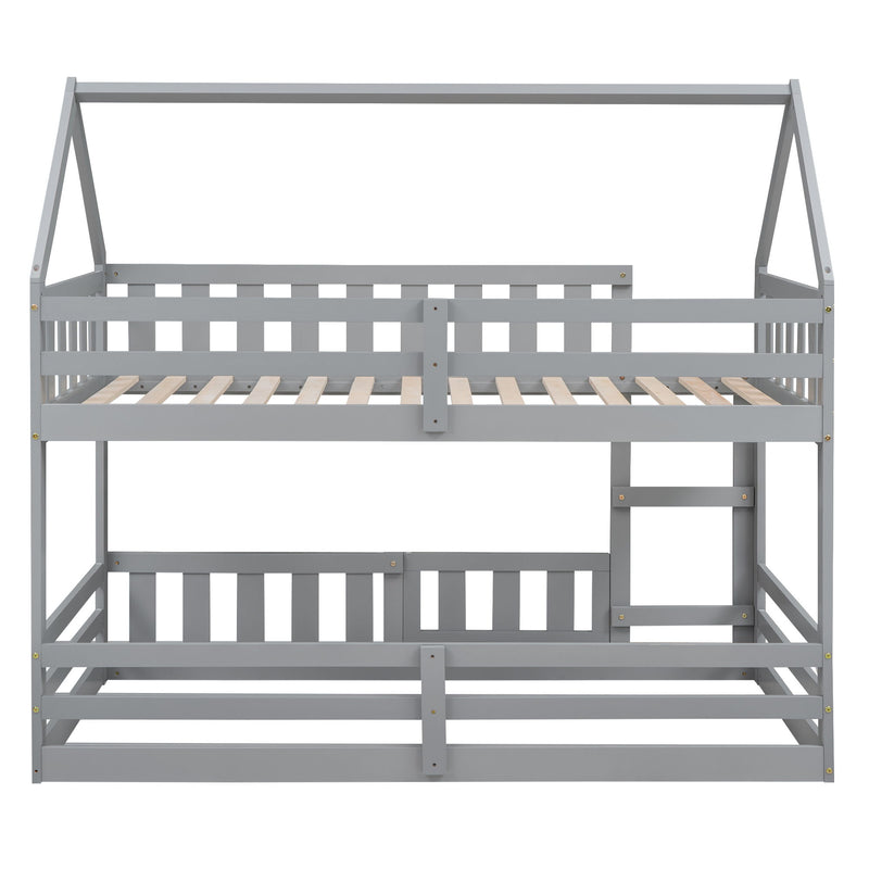 Twin Over Twin House Bunk Bed With Fence And Door - Gray