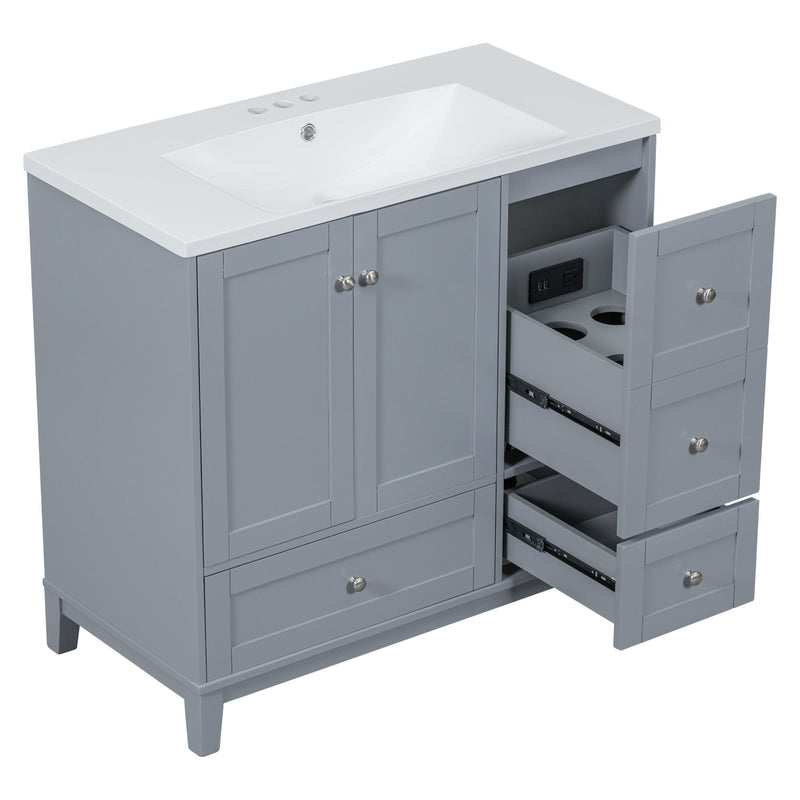 Modern Bathroom Vanity With USB Charging, Two Doors And Three Drawers Bathroom Storage Vanity Cabinet With Single Top, Small Bathroom Vanity Cabinet With Sink - White / Gray Blue